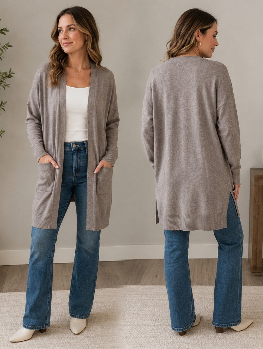 Debut Long Open Front Cardigan Sweater | Women's Large | Taupe Heather | Lightwe